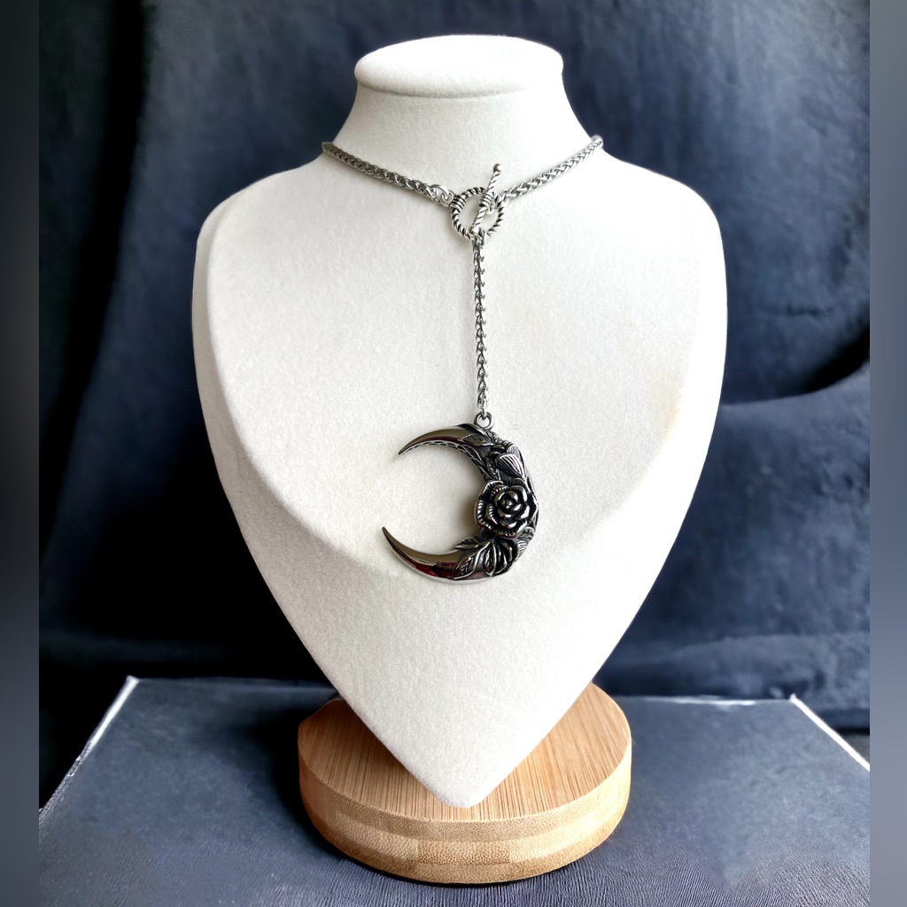 Handmade Moon Rose Charm Y Shape Lariat Stainless Steel Boho Goth Celt Necklace 40$
